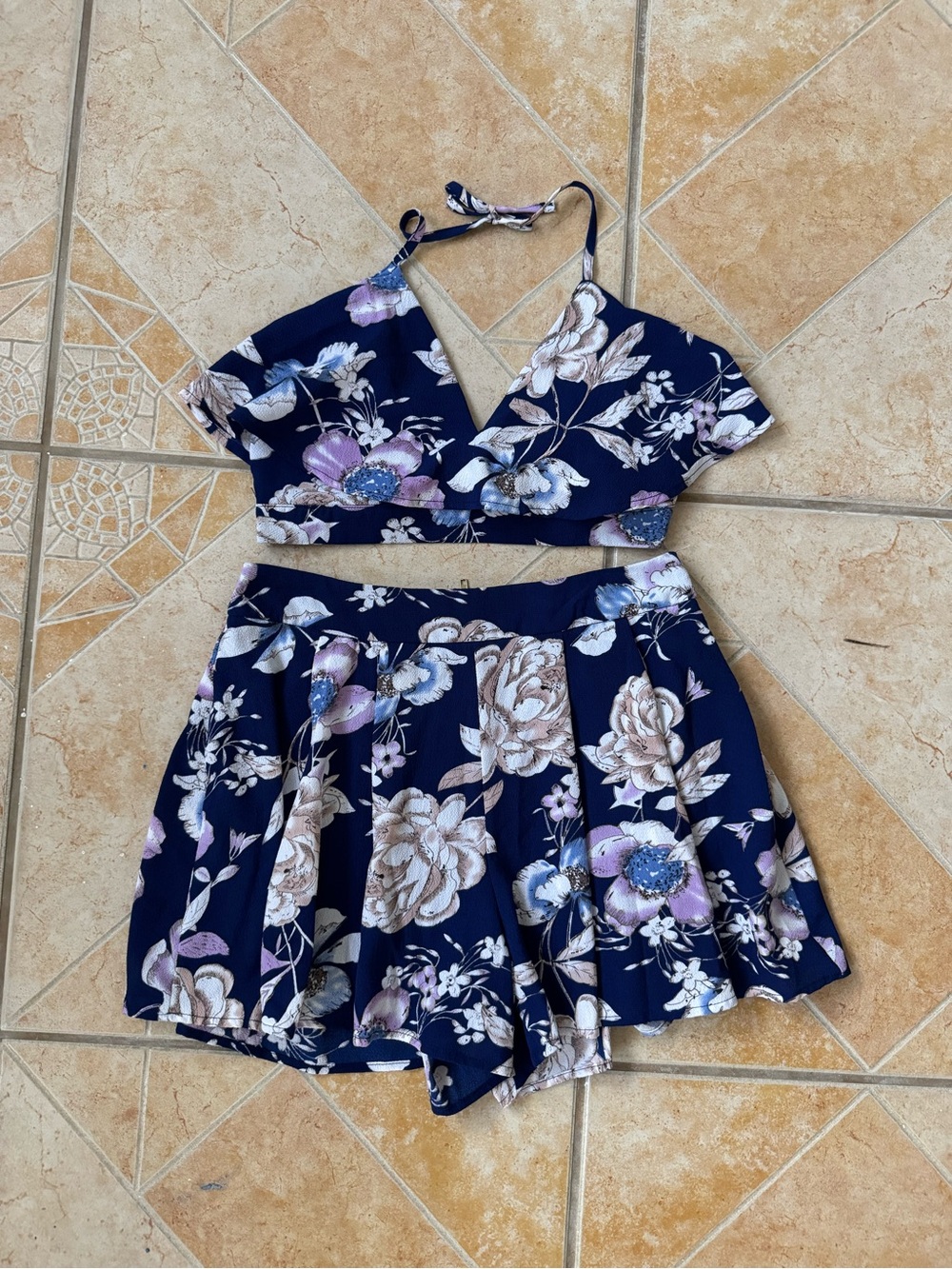 a'gaci Navy Floral Two-Piece Halter Romper Set